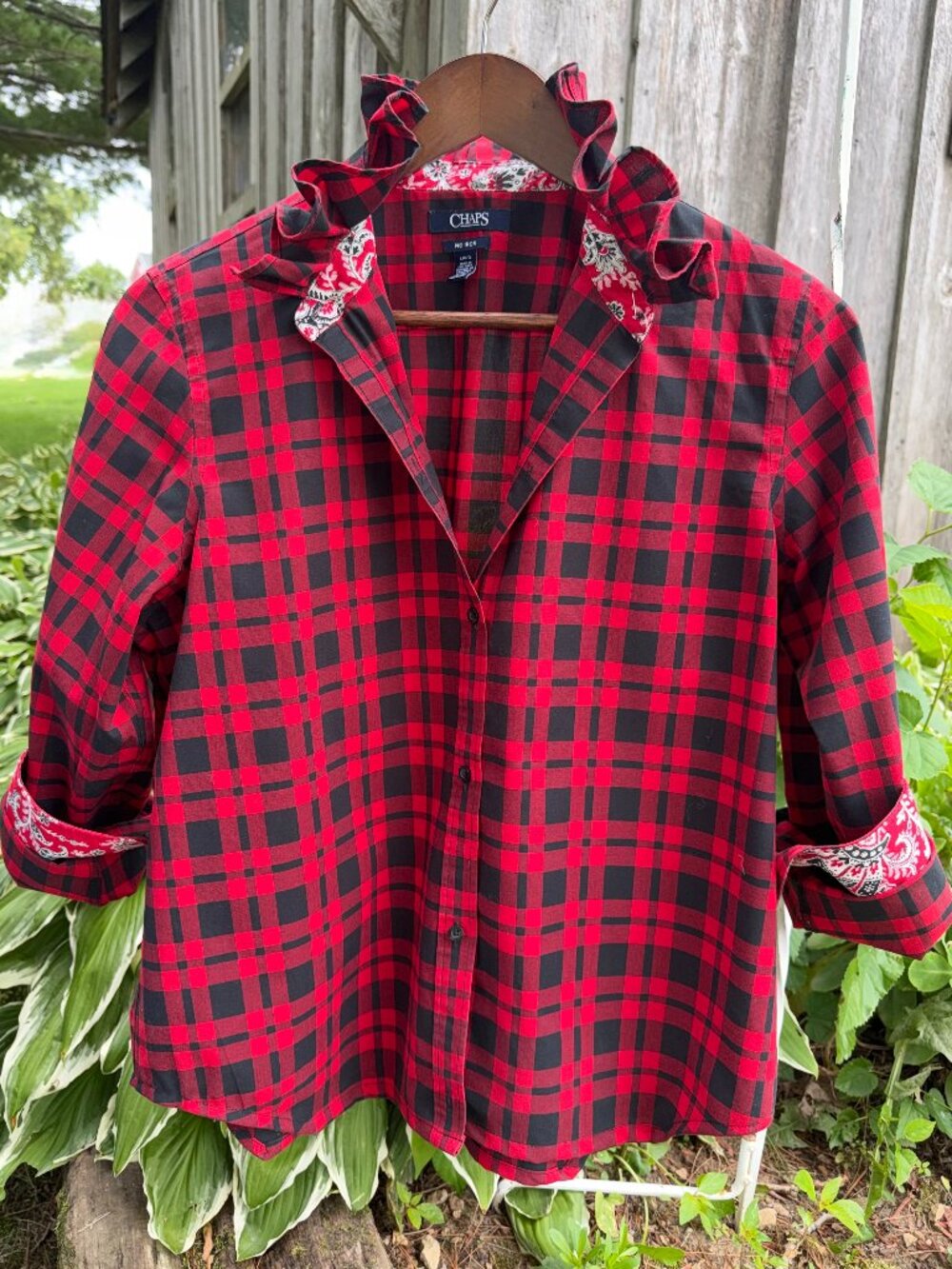 Upcycled women's CHAPS button down, ruffle collar, 100% cotton shirt